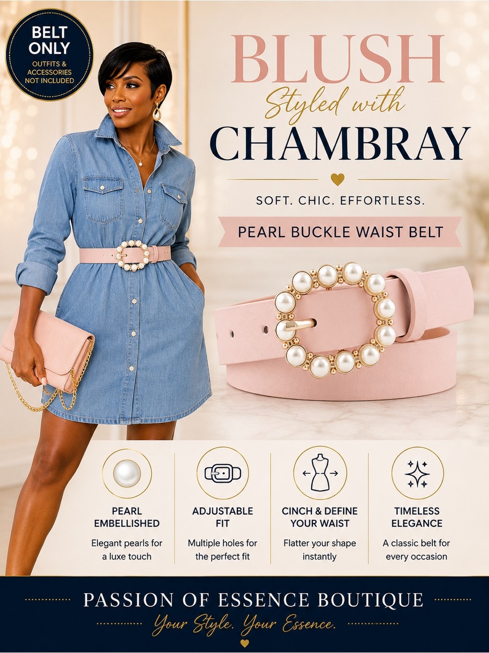 Elegant Pink Faux Leather Belt with Pearl-Embellished Oval Buckle